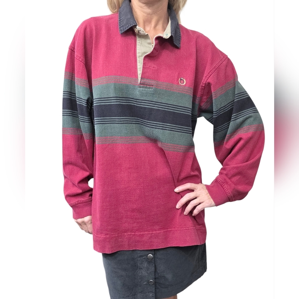 Tommy Hilfiger Vintage Rugby Shirt Striped Red Green Preppy Y2K Top L